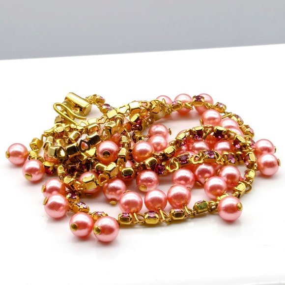 All You Need is Love Coquette Necklace, Pink Faux Pearls on Heart Links Double - Picture 4 of 4
